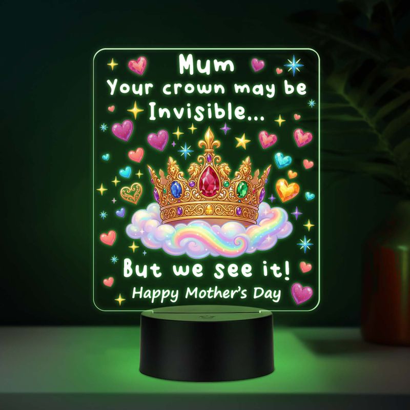 Mom Invisible Crown Quote Acrylic LED Lamp with UV Print – 7 Color Changing Night Light USB Powered Mothers Day Gift